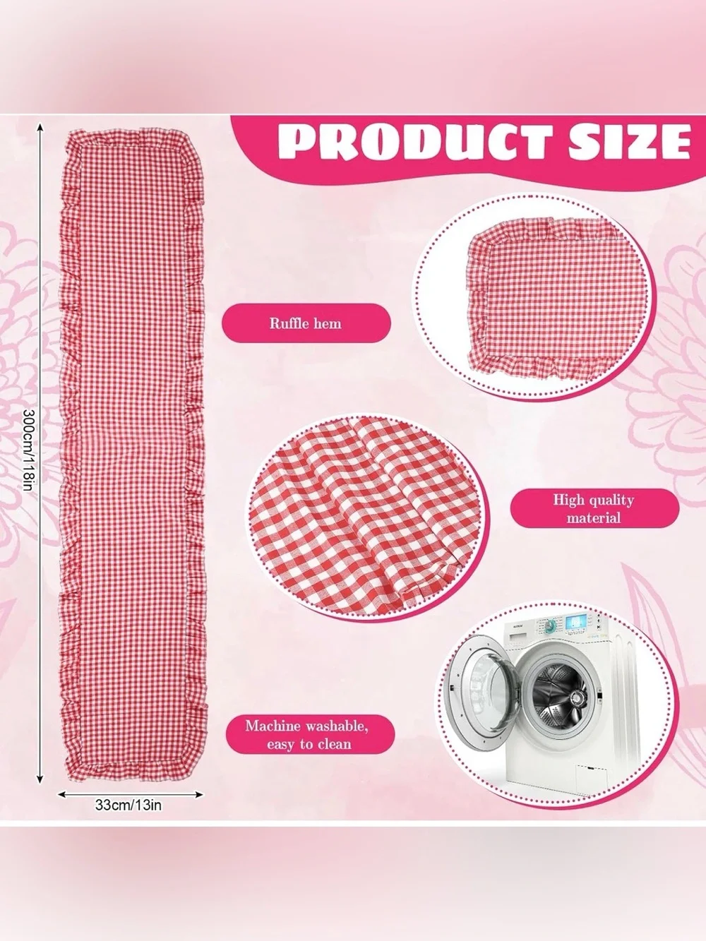 Gingham Ruffle  Red White Plaid Rustic Ruffled Edge Table Runner 118 x 13 inches